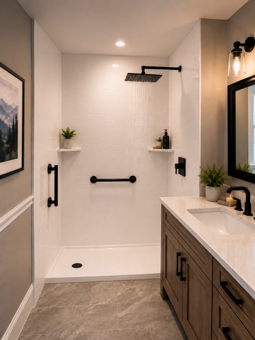 Beautifully remodeled bathroom with walk-in shower