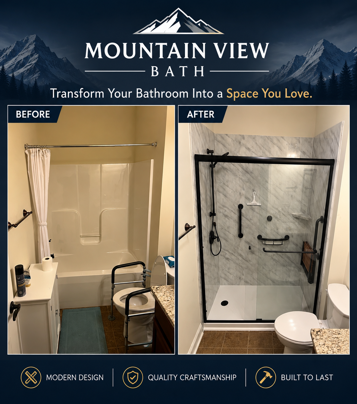 Bathroom remodel before and after — tub to walk-in shower with marble walls