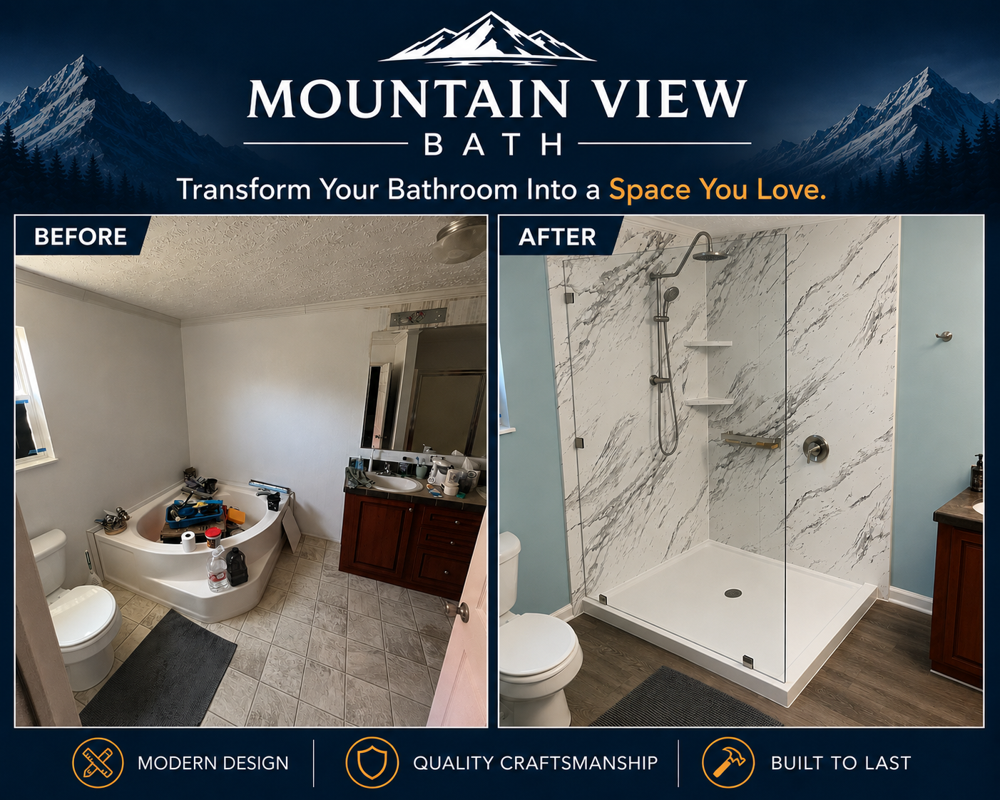 Bathroom remodel before and after — corner tub converted to luxury marble shower